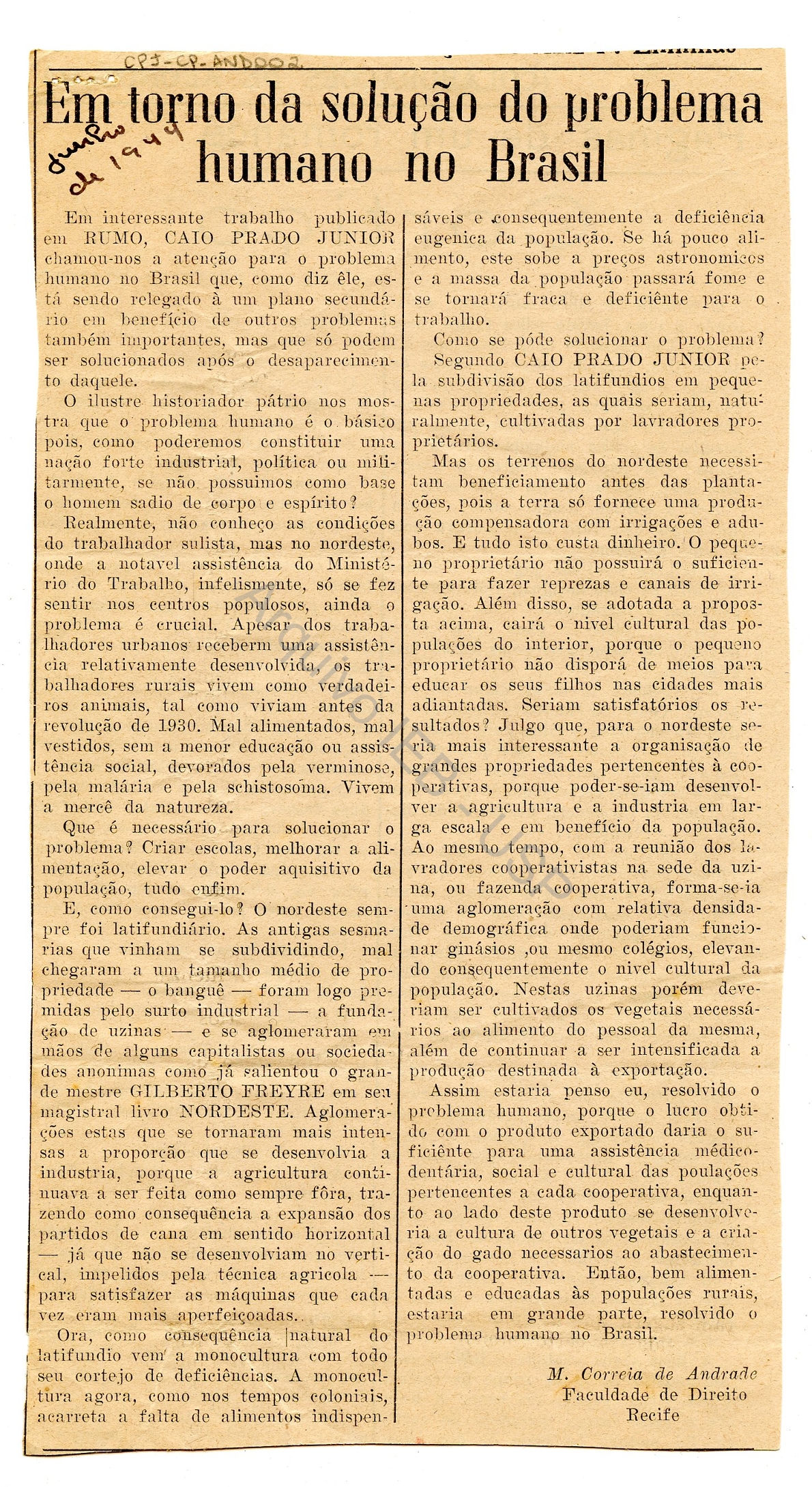 Documento “Em torno da solução do problema humano no Brasil” (CPJ-CP AND001)